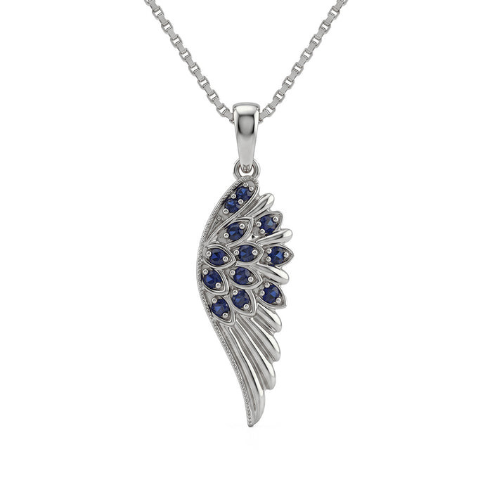 SPECIAL! .11ct G SI 14kt Yellow Gold Blue Sapphire Angel Wing Gemstone Pendant Necklace 18" Long