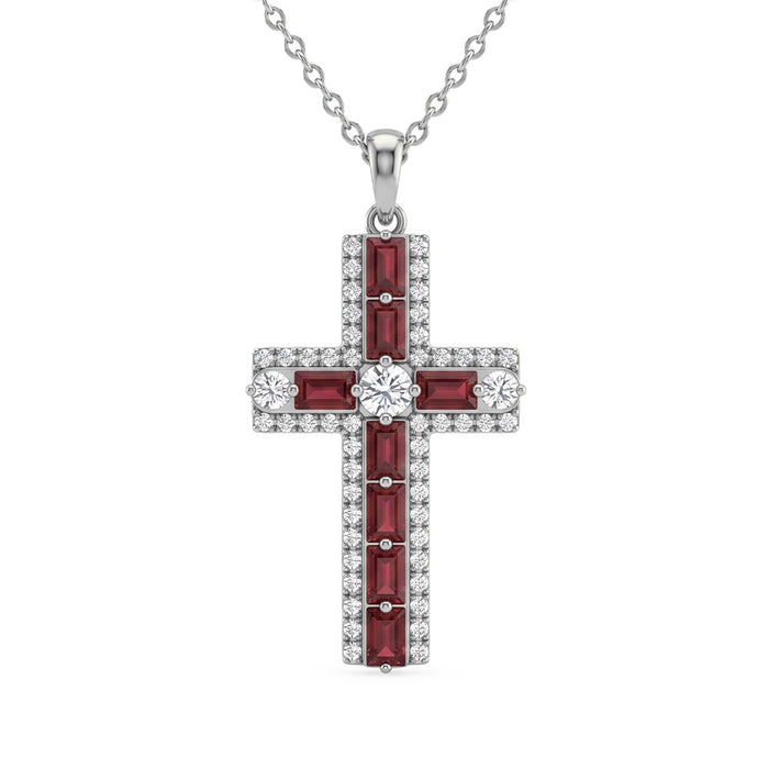 SPECIAL! 1.12ct G SI 14kt White Gold Diamond & Ruby Gemstone Cross Pendant Necklace 18" Long