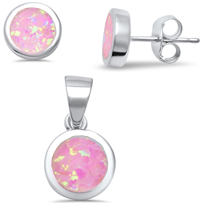 CLOSEOUT! Round Pink Fire Opal .925 Sterling Silver Earrings & Pendant Set