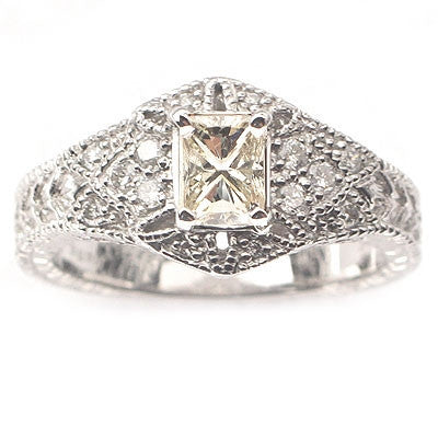DIAMOND CLOSEOUT! 14k White Gold Victorian Style Radiant Diamond Engagement Ring - Size 6.5