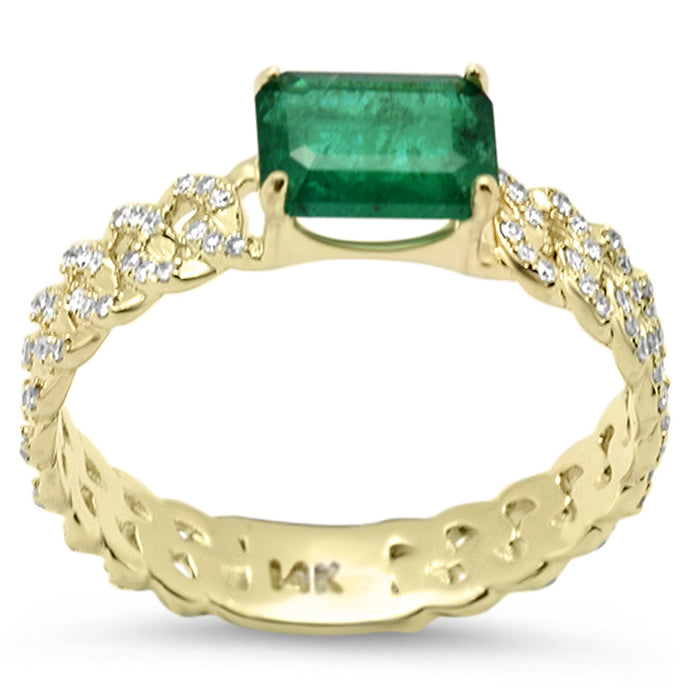 SPECIAL!1.09ct G SI 14K Yellow Gold Diamond & Emerald Gemstone Cuban Band Ring Size 6.5