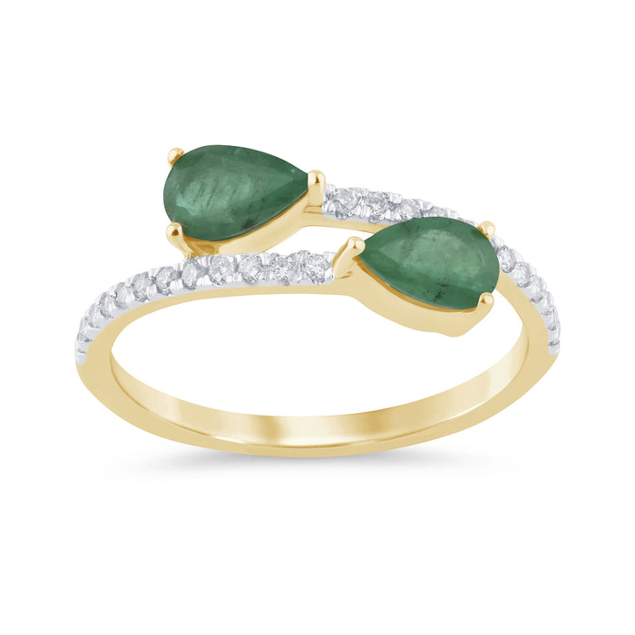 SPECIAL! .86ct G SI 14K Yellow Gold Diamond & Pear Shape Emerald Gemstones Band Ring Size 6.5