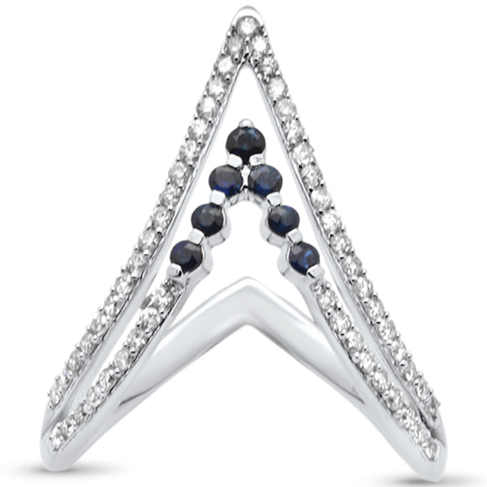 SPECIAL! .49ct G SI 14K White Gold Diamond & Blue Sapphire "V" Shaped Gemstone Band Ring Size 6.5