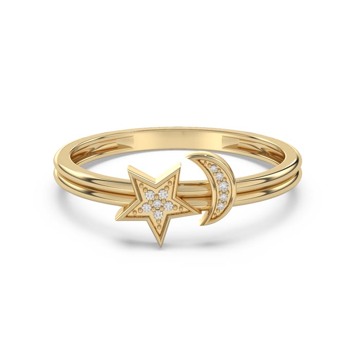 .03ct G SI 14K Yellow Gold Diamond Half Moon & Star Band Ring Size 6.5