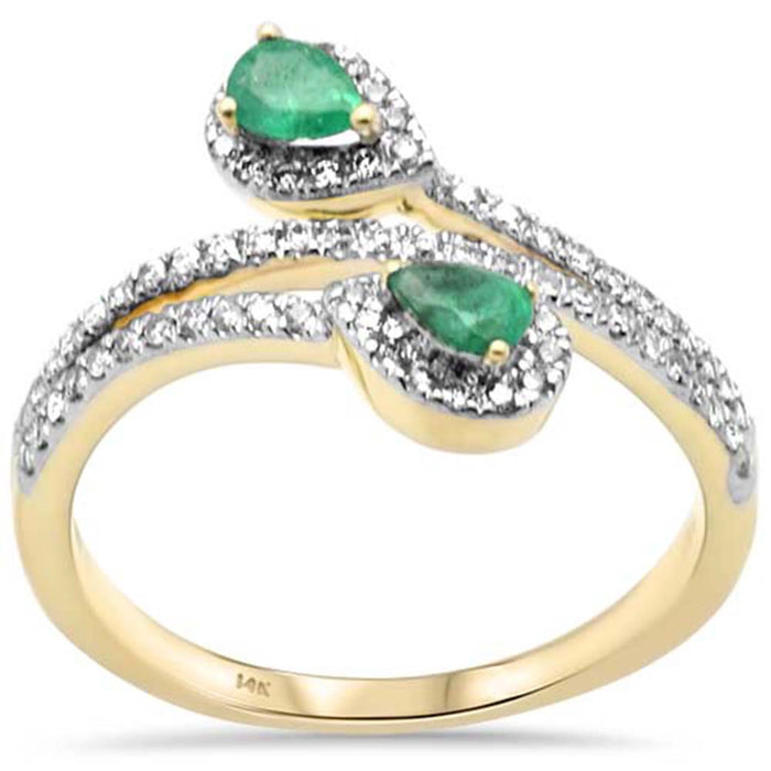SPECIAL!.52ct G SI 14K Yellow Gold Pear Shape Diamond & Emerald Gemstone Wrap Around Ring Size 6.5