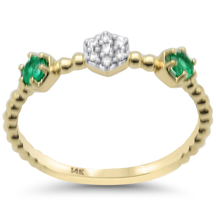 .24ct G SI 14K Yellow Gold Diamond & Emerald Gemstone Beaded Band Ring Size 6.5