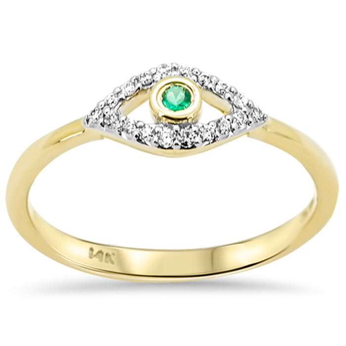 SPECIAL!.10ct G SI 14K Yellow Gold Diamond & Emerald Gemstone Evil Eye Band Ring Size 6.5