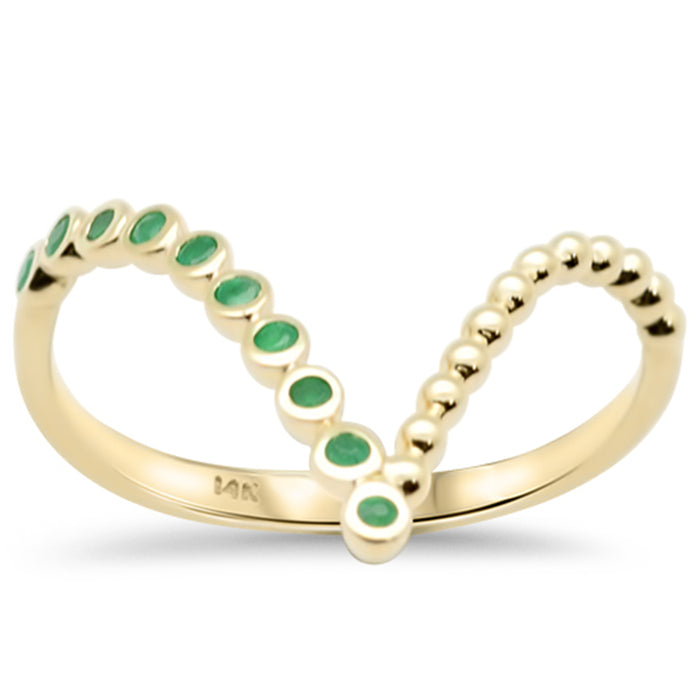 .14ct G SI 14K Yellow Gold Natural Emerald Gemstone Chevron Band Ring Size 6.5