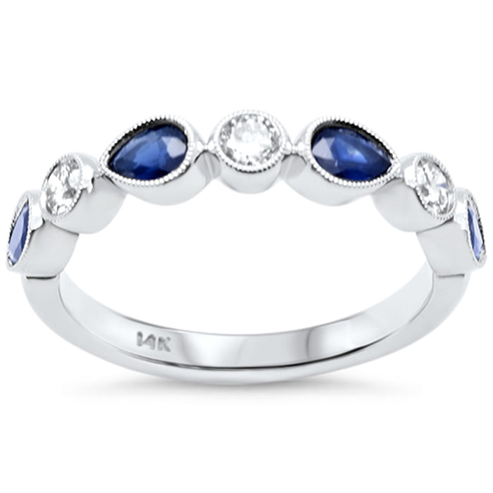 SPECIAL! .90ct G SI 14K White Gold Round Diamond & Blue Sapphire Gemstone Band Ring Size 6.5
