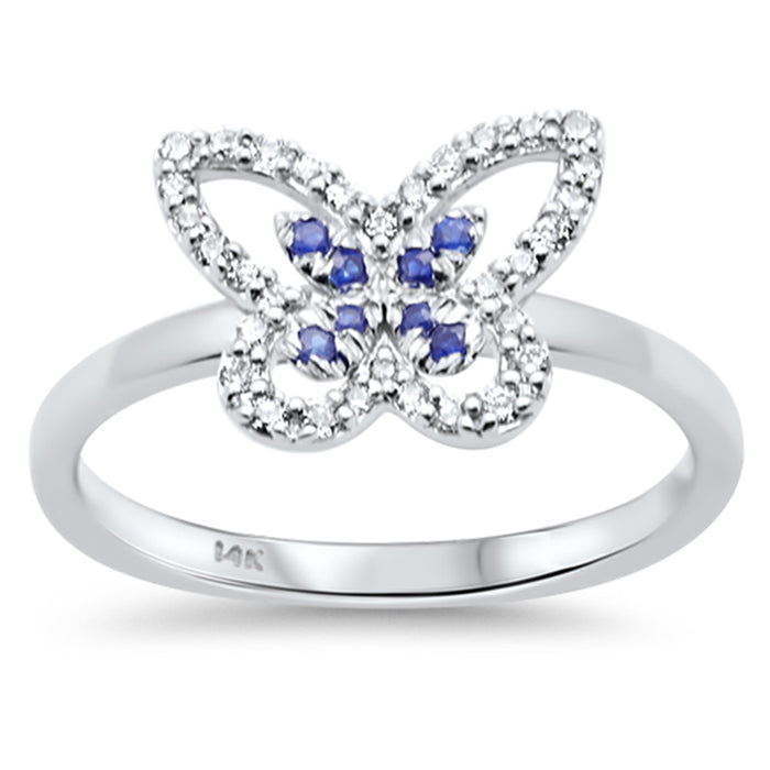 SPECIAL! .22ct G SI 14K White Gold Round Diamond & Blue Sapphire Gemstone Butterfly Ring Size 6.5