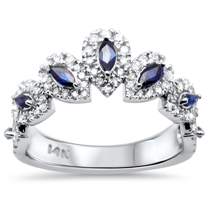 SPECIAL!1.05ct G SI 14K White Gold Diamond & Marquise Shape Blue Sapphire Gemstone Band Ring Size 6.5