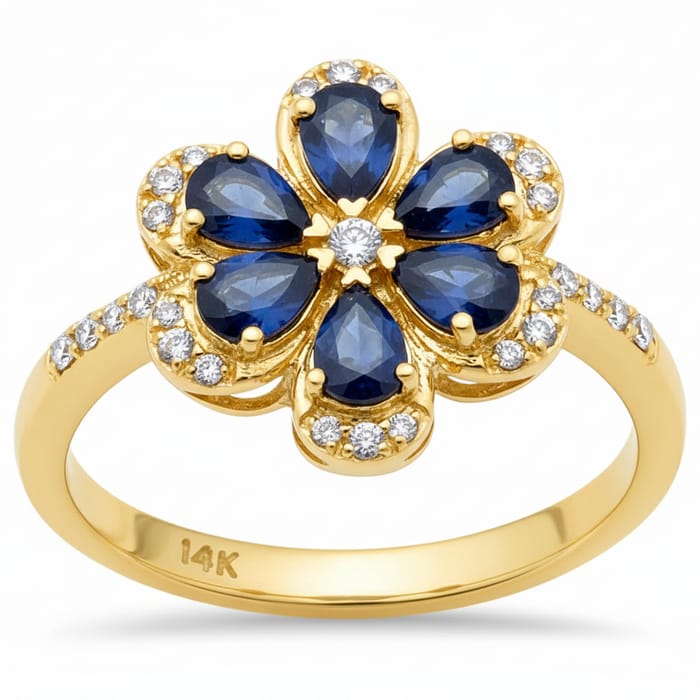 SPECIAL! 1.37ct G SI 14K Yellow Gold Diamond & Blue Sapphire Gemstone Flower Ring Size 6.5