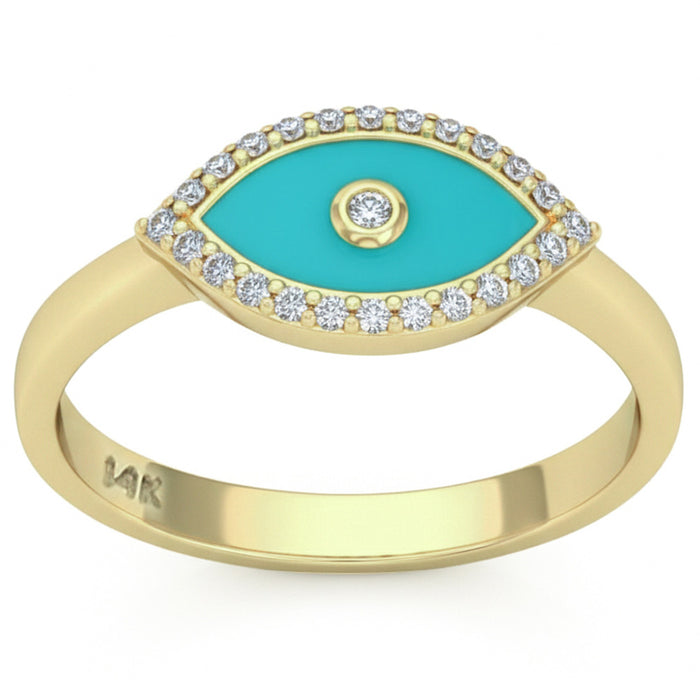 SPECIAL! .13ct G SI 14kt Yellow Gold Diamond & Turquoise Enamel Evil Eye Ring Size 6.5