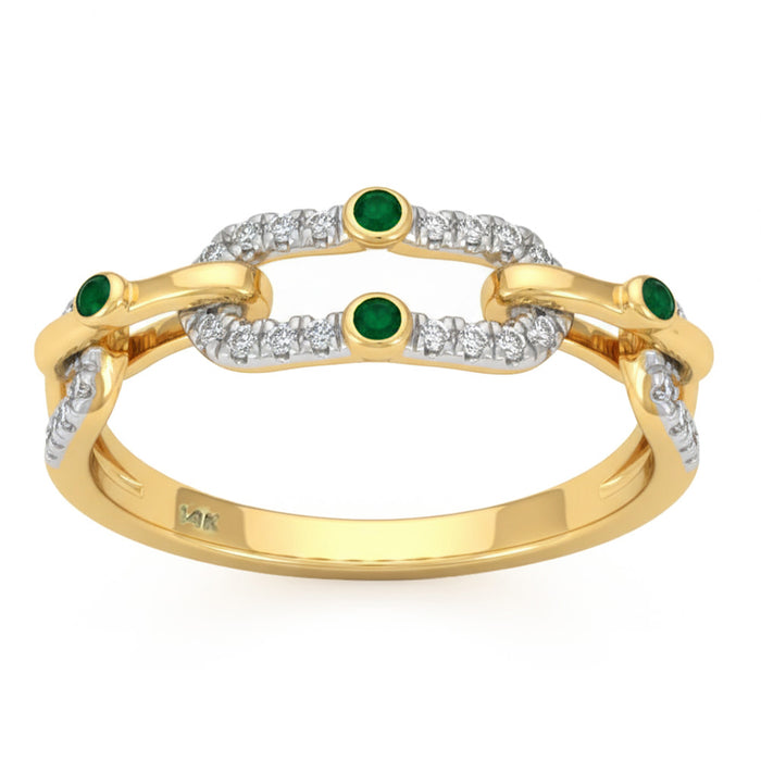 SPECIAL! .21ct G SI 14kt Yellow Gold Diamond & Emerald Gemstone Paperclip Band Ring Size 6.5