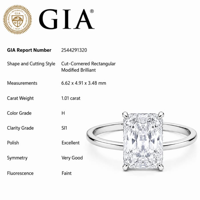 SPECIAL! 1.01ct H-SI1 GIA CERTIFIED 14K White Gold Radiant Cut Diamond Solitaire Ring Band Size 6