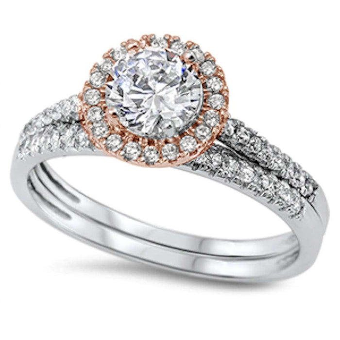 CLOSEOUT! Two Tone Round Halo Cz Wedding Set .925 Sterling Silver Ring
