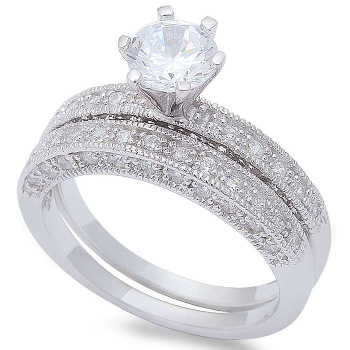 CLOSEOUT! 1.50CT Round & Pave Cz Wedding Bridal Set .925 Sterling Silver Ring Sizes 5-10