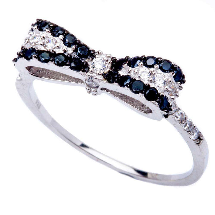 CLOSEOUT! Black & White Cz Bow Tie Fashion .925 Sterling Silver Ring Sizes 4-10