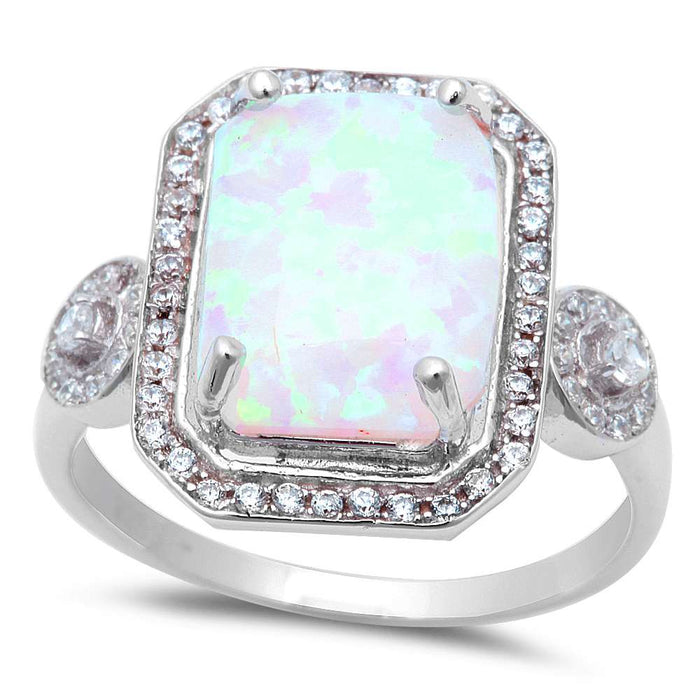 CLOSEOUT! Large Radiant Cut White Fire Opal & Cubic Zirconia .925 Sterling Silver Ring