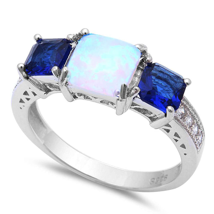 CLOSEOUT!Princess Cut White Opal, Blue Sapphire & Cubic Zirconia .925 Sterling Silver Ring Sizes 5-6,8-10