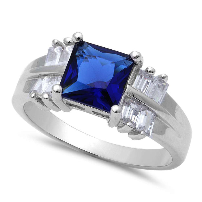 CLOSEOUT! Princess Cut Blue Sapphire & Baguette Cubic Zirconia .925 Sterling Silver Ring