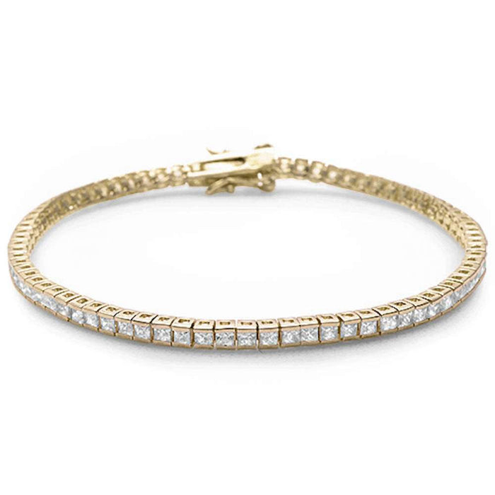 2.5MM Square Yellow Gold Plated Bezel Set Cubic Zirconia .925 Sterling Silver Bracelet 7.5"