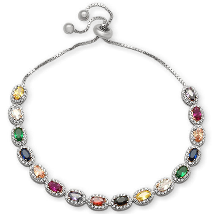 Oval Multicolor Gemstones CZ .925 Sterling Silver 7-9" Adjustable Toggle Bola Bracelet