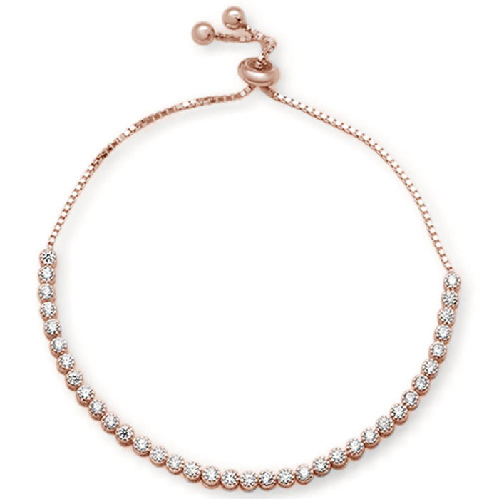 Rose Gold Plated Clear CZ Bezel .925 Sterling Silver 7-9" Adjustable Toggle Bola Bracelet