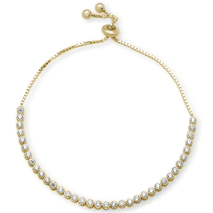 Yellow Gold Plated Clear CZ Bezel .925 Sterling Silver 7-9" Adjustable Toggle Bola Bracelet