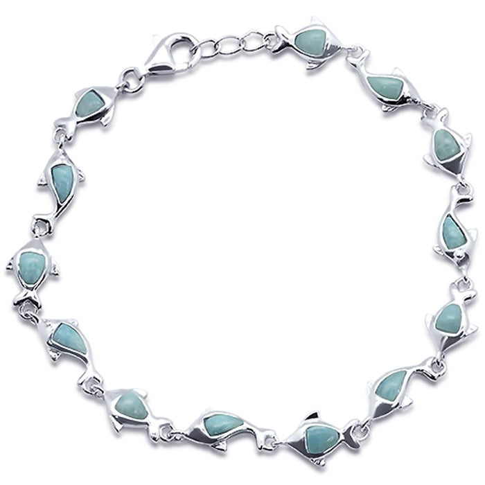 Natural Larimar Dolphin Charm .925 Sterling Silver Bracelet 7.5" to 8" Long