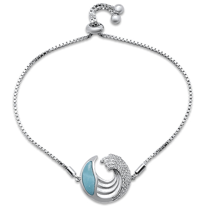 Natural Larimar & Cubic Zirconia .925 Sterling Silver Bracelet Adjustable