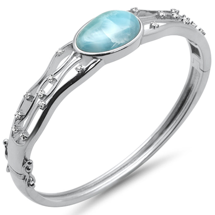 Natural Larimar & CZ .925 Sterling Silver Bangle Bracelet