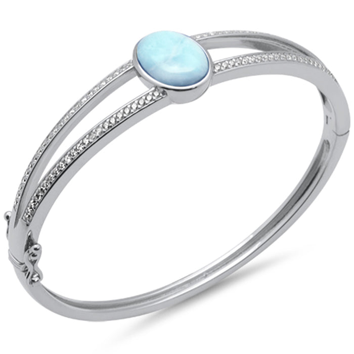 Oval Natural Larimar & CZ .925 Sterling Silver Bangle Bracelet