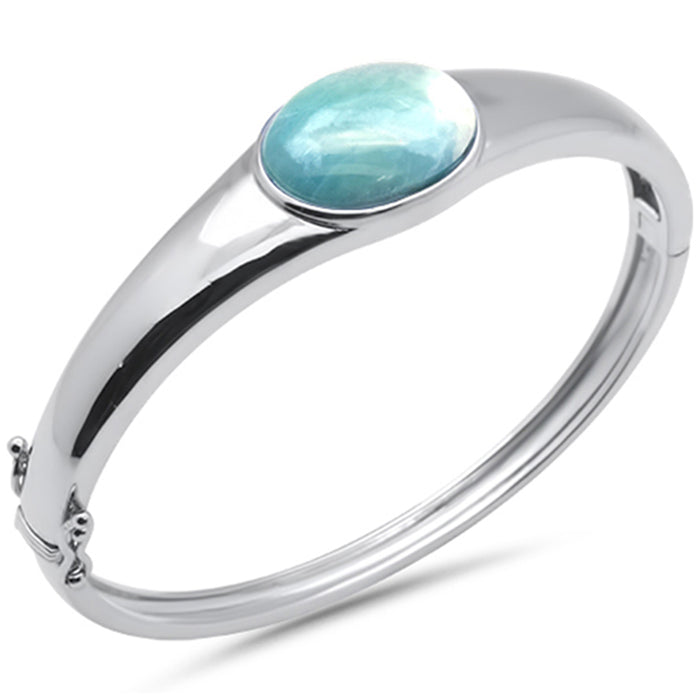 Oval Natural Larimar .925 Sterling Silver Bangle Bracelet
