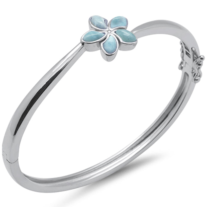 Natural Larimar Flower .925 Sterling Silver Bangle Bracelet