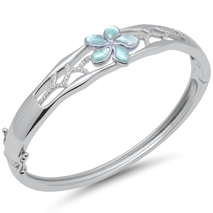 Leaf & Flower Natural Larimar & CZ .925 Sterling Silver Bangle Bracelet