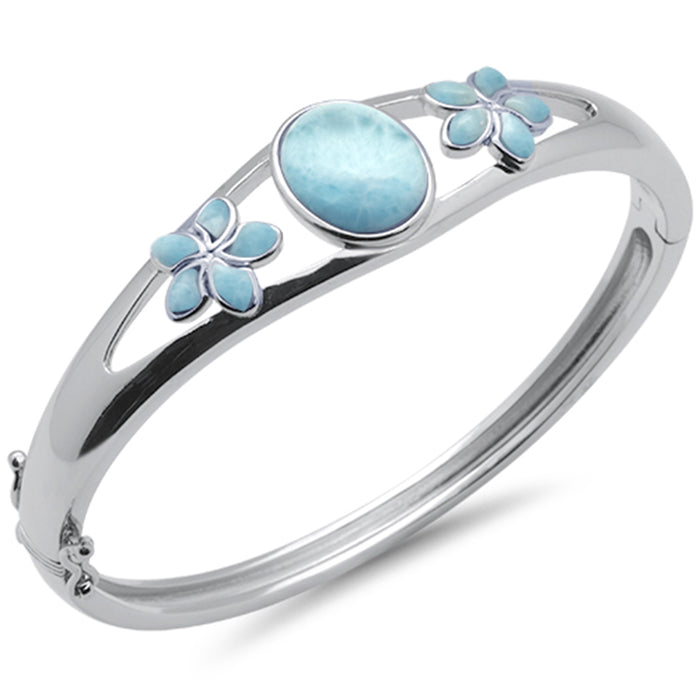 Oval Natural Larimar & Flower .925 Sterling Silver Bangle Bracelet