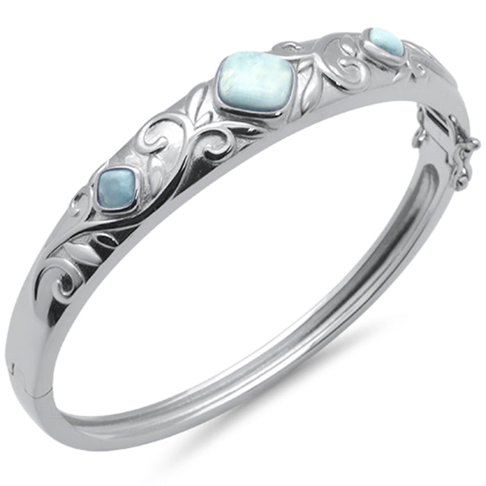 Natural Larimar Flower Engraved .925 Sterling Silver Bangle Bracelet