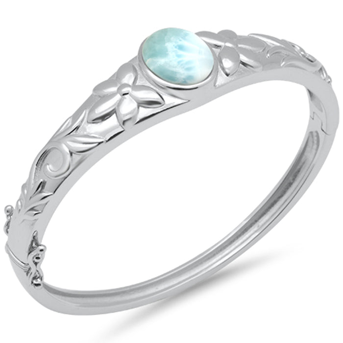 Oval Natural Larimar Flower Engraved .925 Sterling Silver Bangle Bracelet
