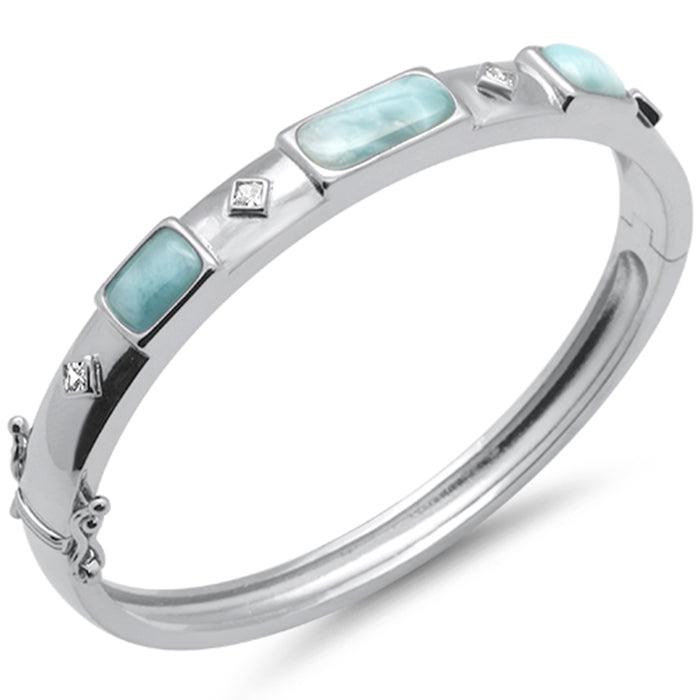 Natural Larimar & CZ .925 Sterling Silver Bangle Bracelet