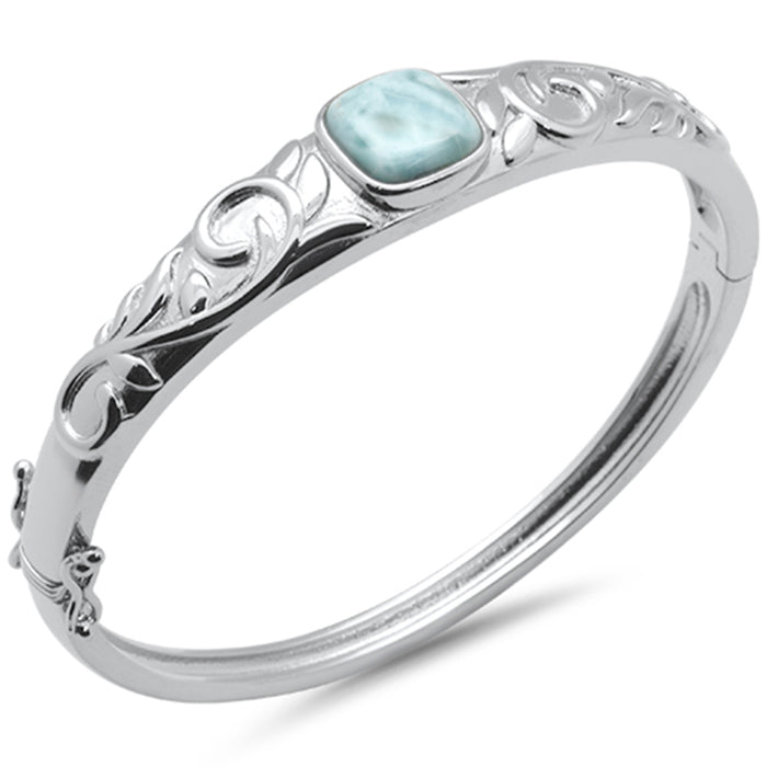 Natural Larimar Flower Engraved .925 Sterling Silver Bangle Bracelet
