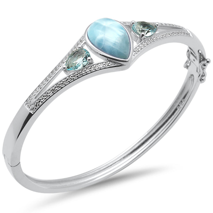 Pear Shaped Natural Larimar, Aquamarine & CZ .925 Sterling Silver Bangle Bracelet