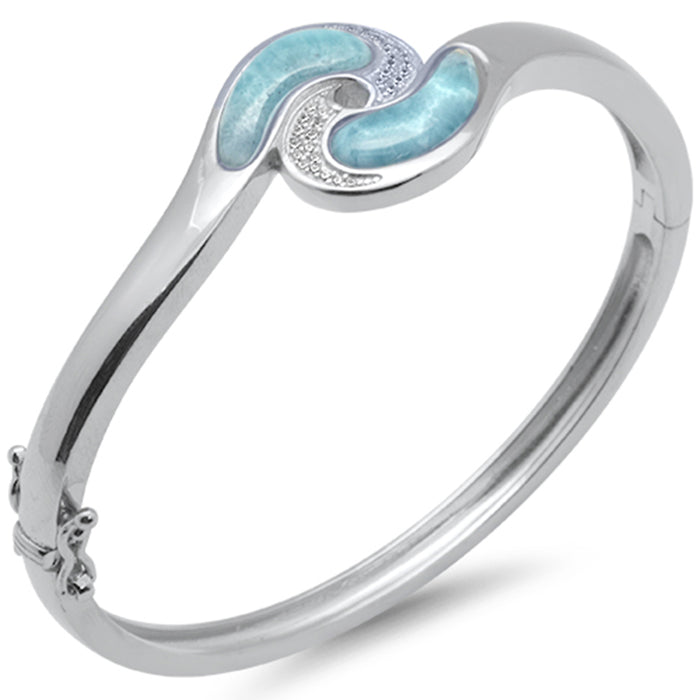 Natural Larimar & CZ .925 Sterling Silver Bangle Bracelet
