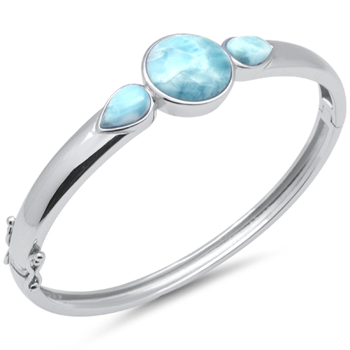 Round & Pear Shaped Natural Larimar .925 Sterling Silver Bangle Bracelet