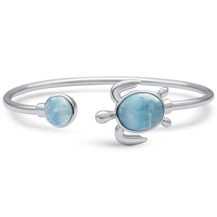 Round & Oval Shaped Natural Larimar Turtle Bangle .925 Sterling Silver Bracelet