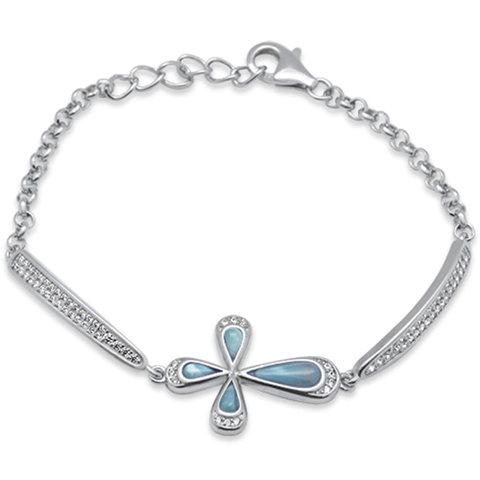 Natural Larimar Sideways Cross .925 Sterling Silver Bracelet 6-8" Extension