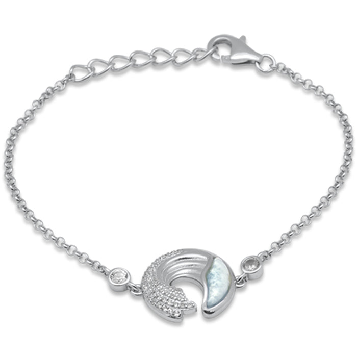 Natural Larimar & CZ .925 Sterling Silver 7.5" Long Bracelet
