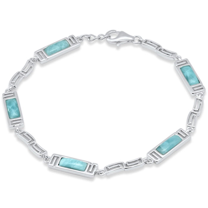 Rectangle Natural Larimar Greek Design .925 Sterling Silver Bracelet 7.5" Adjustable
