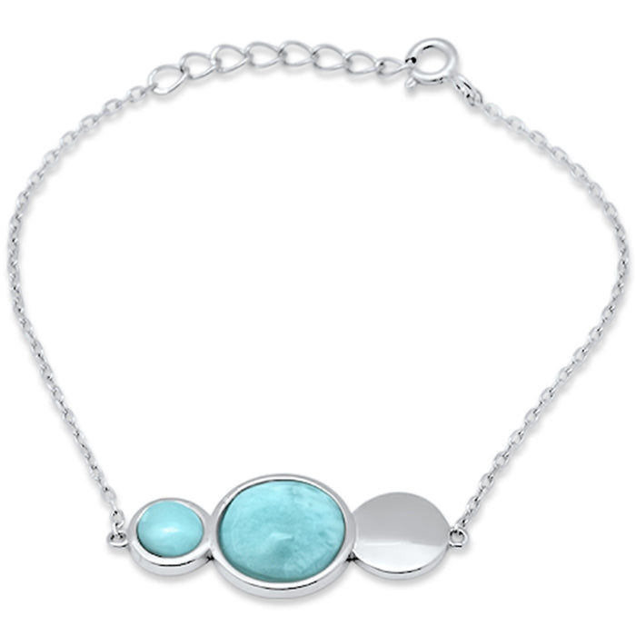 Round Natural Larimar .925 Sterling Silver Bracelet 6" + 1" Adjustable