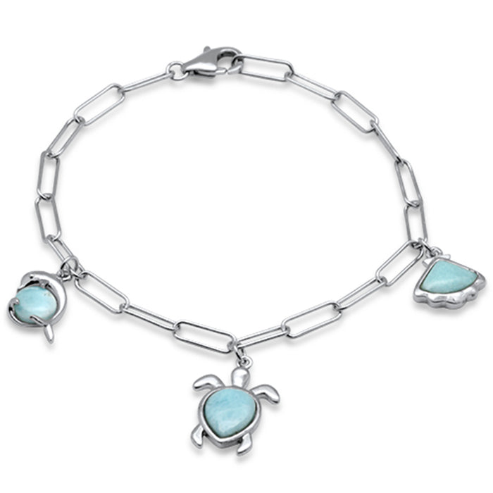 Turtle & Dolphin Paperclip .925 Sterling Silver Charm Bracelet 7.5" Long